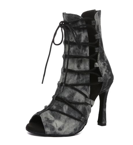 Miyoopark Tanzschuhe fur Damen Latein Bequem Abend Party Stiefel Sandalen L614 Denim Schwarz 10cm Absatz EU 38 von Miyoopark