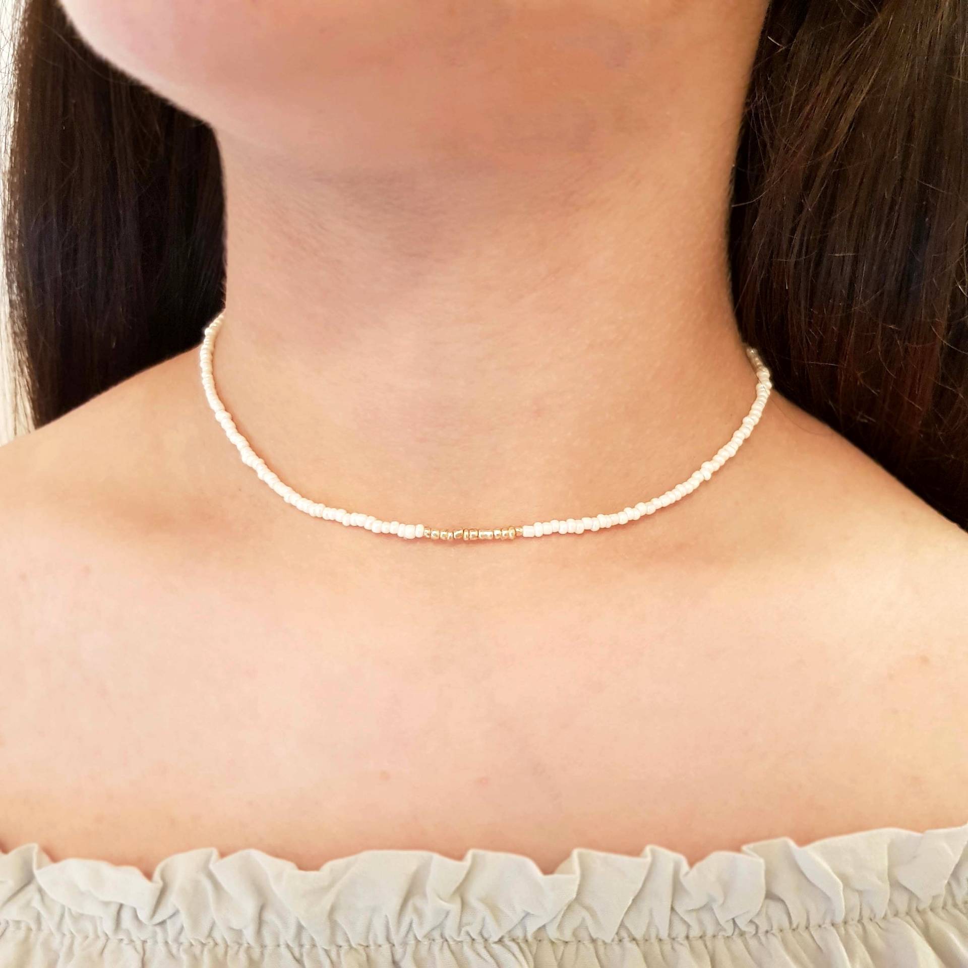 Weiße Halsband Halskette Gold Glas Strand Kragen Zierliche Boho Weiße Halsband Halskette Gold Glas Strand Kragen Zierliche Boho von MjewelsArt