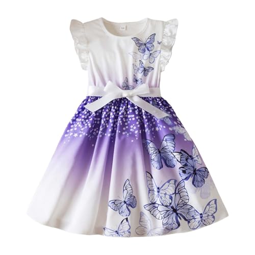 Mjjsk Mädchen Sommerkleid Casual Party Floral Rüschen Ärmellos A-Linie Kleider Kinder Geburtstag Schmetterling Swing Sommerkleid Stilvolles Herbstkleid, Y1-2-Lila, 6-7 Jahre von Mjjsk