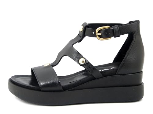 Mjus Damen-Sandalen aus schwarzem Leder mit Nieten, mittlerer Keilabsatz 5 cm, T18014, Schwarz , 36 EU von Mjus