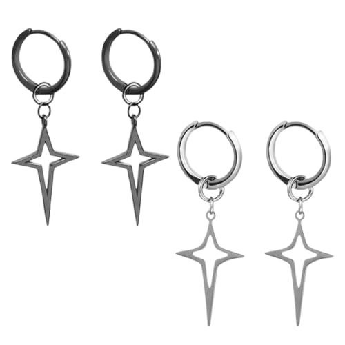 2 pairs-Set Kreuzstern-Edelstahl-Ohrringe,Punk-Style Creolen,Unisex-Trend -Ohrschmuck (Edelstahlfarben + Schwarz) von Mjzzh