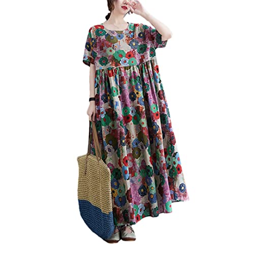 Damen Bedruckt Reise Stil Freizeitkleid Dünn Weiche Baumwolle Leinen Lose Maxirock Sommerkleid, bunt, Einheitsgröße von Mkjuuior
