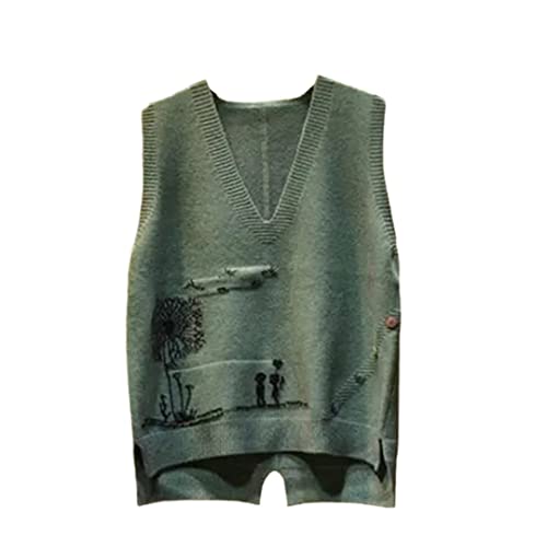 Frühling und Herbst V-Ausschnitt Strickweste Damen Casual Lose Ärmellos Wolle Weste Bottoming Sweater, grün, XXL von Mkjuuior