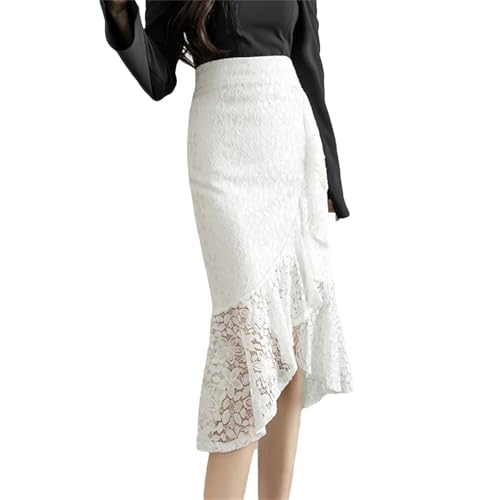 Mkjuuior Damen Spitze unregelmäßige Wickelröcke Meerjungfrau Röcke hohe Taille Elegant Fischschwanz Röcke, weiß, S von Mkjuuior