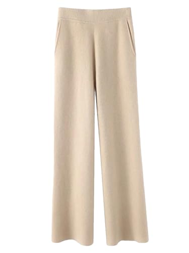 Mkjuuior Kaschmir Sweatpants Damen Herbst und Winter Hohe Taille Wolle Weites Bein Hosen Lässige Straight-Leg Lose Hosen, khaki, L von Mkjuuior