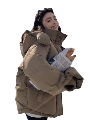 Mkjuuior Winter Daunenjacke Damen Kapuzen Parka Verdickte Warme Liebe Bestickte Lose Daunenjacke, khaki, 36 von Mkjuuior