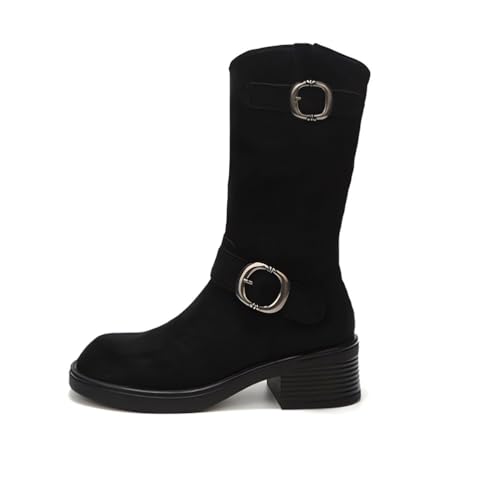 MlYJmer Damen Knight Stiefel bis zur Wade aus Wildleder, Motorrad-Stiefel mit dicken Absätzen,Schwarz,38 EU von MlYJmer