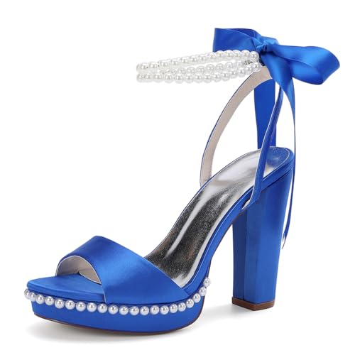 MlYJmer Damen Knöchelriemen High Heel Sandalen Abendschuhe Partei Hochzeitsschuhe Brautschuhe Sandalen,Blau,36 EU von MlYJmer