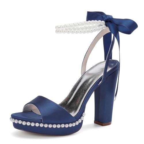MlYJmer Damen Knöchelriemen High Heel Sandalen Abendschuhe Partei Hochzeitsschuhe Brautschuhe Sandalen,Dark Blue,35 EU von MlYJmer