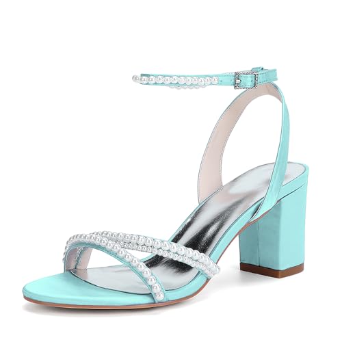 MlYJmer Damen Knöchelriemen High Heel Sandalen Abendschuhe Partei Hochzeitsschuhe Brautschuhe Sandalen,Light Blue,36 EU von MlYJmer