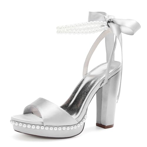 MlYJmer Damen Knöchelriemen High Heel Sandalen Abendschuhe Partei Hochzeitsschuhe Brautschuhe Sandalen,Silber,35 EU von MlYJmer