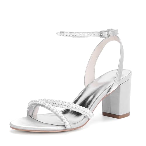 MlYJmer Damen Knöchelriemen High Heel Sandalen Abendschuhe Partei Hochzeitsschuhe Brautschuhe Sandalen,Silber,39 EU von MlYJmer