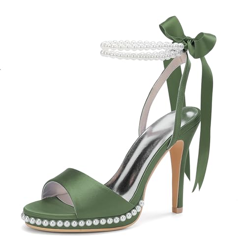 MlYJmer Damen Offene Zehe High Heels Sandalen Satin Perle Party Kleid Brautschuhe,Army Green,42 EU von MlYJmer