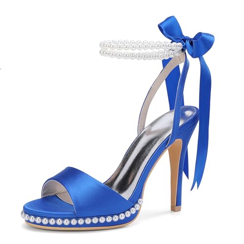 MlYJmer Damen Offene Zehe High Heels Sandalen Satin Perle Party Kleid Brautschuhe,Blau,42 EU von MlYJmer