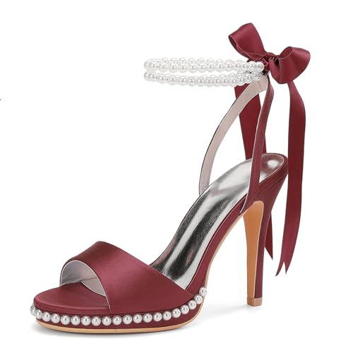 MlYJmer Damen Offene Zehe High Heels Sandalen Satin Perle Party Kleid Brautschuhe,Burgundy,35 EU von MlYJmer