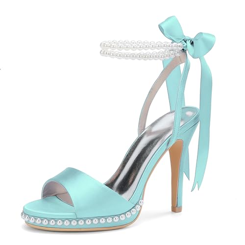 MlYJmer Damen Offene Zehe High Heels Sandalen Satin Perle Party Kleid Brautschuhe,Light Blue,40 EU von MlYJmer