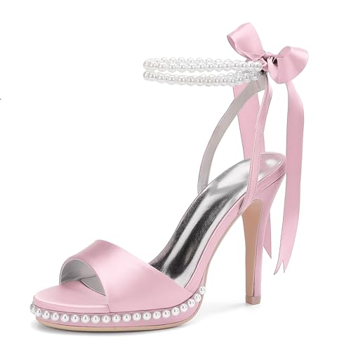 MlYJmer Damen Offene Zehe High Heels Sandalen Satin Perle Party Kleid Brautschuhe,Rosa,40 EU von MlYJmer