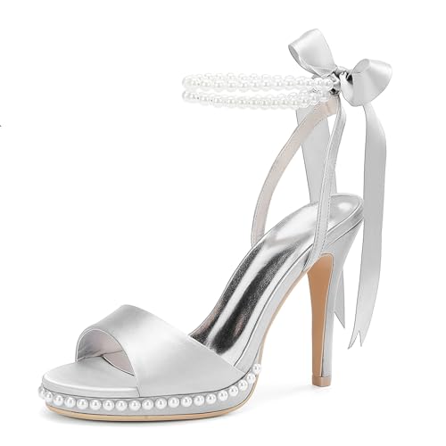 MlYJmer Damen Offene Zehe High Heels Sandalen Satin Perle Party Kleid Brautschuhe,Silber,35 EU von MlYJmer