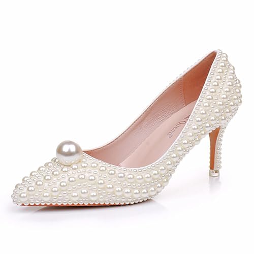MlYJmer Damen Pointed Toe Pearl High Heels Brautkleid Schuhe,Beige,38 EU von MlYJmer