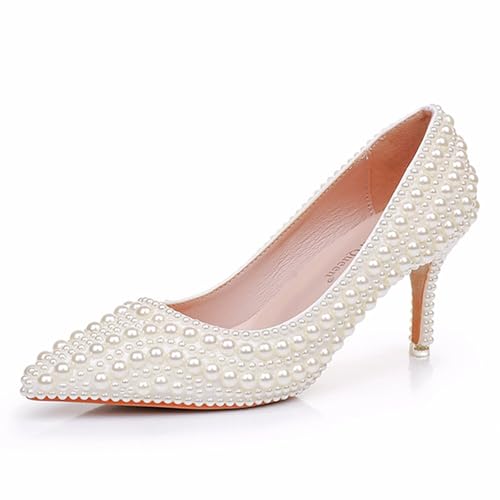 MlYJmer Damen Pointed Toe Pearl High Heels Brautkleid Schuhe,Beige,39.5 EU von MlYJmer