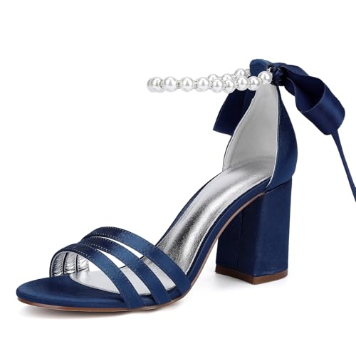MlYJmer Damen Sandalen Offene Spitze High Heels Abschlussball Hochzeit Party Abendschuhe,Dark Blue,38 EU von MlYJmer