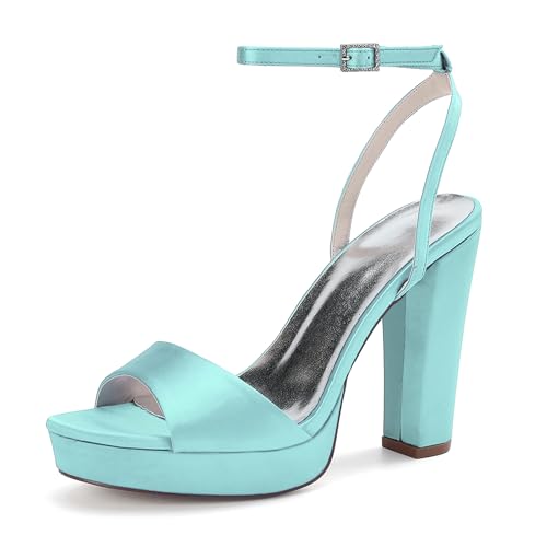 MlYJmer Damen Satin Sandalen Offene Zehe Knöchelriemen High Heels Party Kleid Schuhe,Light Blue,39 EU von MlYJmer