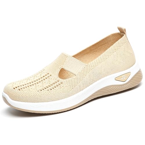 MlYJmer Damen Sommer Schuhe Mesh Atmungsaktive Turnschuhe Leicht Slip On Wanderschuhe Freizeitschuhe,Beige,38 EU von MlYJmer