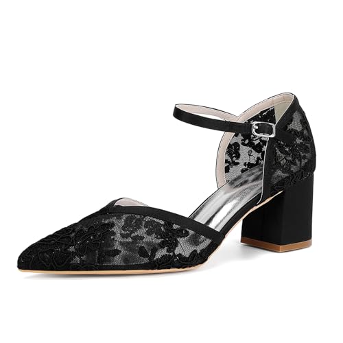 MlYJmer Damen Spitze Heels Hochzeit Braut Brautjungfer Abend Party Abschlussball Nahe Zehen Schuhe,Schwarz,40 EU von MlYJmer