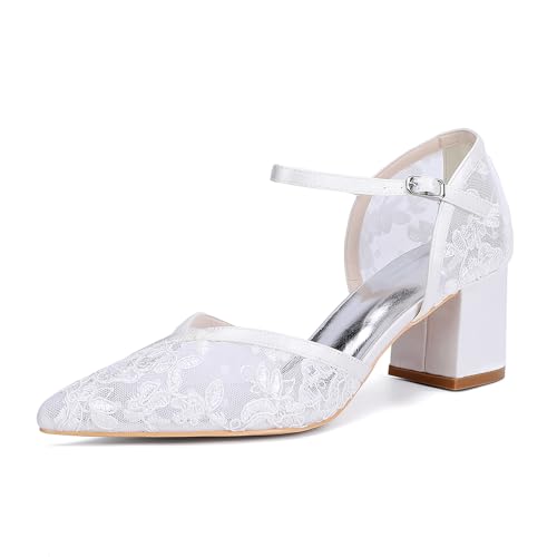 MlYJmer Damen Spitze Heels Hochzeit Braut Brautjungfer Abend Party Abschlussball Nahe Zehen Schuhe,Weiß,38 EU von MlYJmer