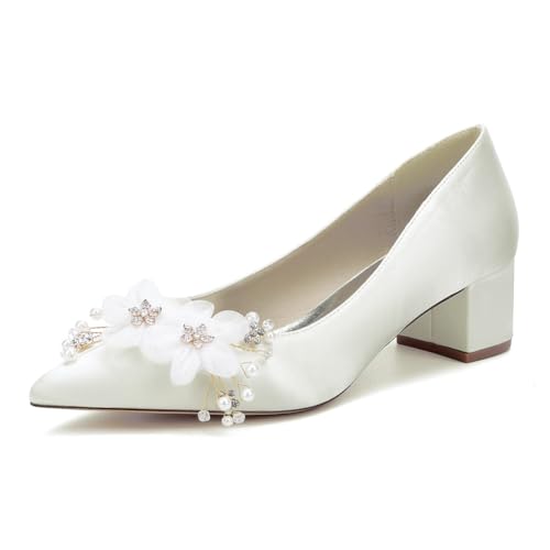 MlYJmer Damen Spitze Spitze Brautschuhe für Braut Brautjungfer High Heel Party Schuhe,Elfenbein,42 EU von MlYJmer