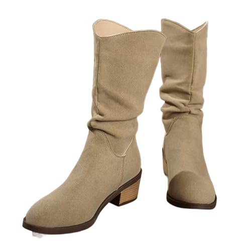 MlYJmer Damen Stiefeletten mit spitzem Absatz und Blockabsatz, Kniehohe Western-Cowboy-Stiefel,Khaki,40 EU von MlYJmer