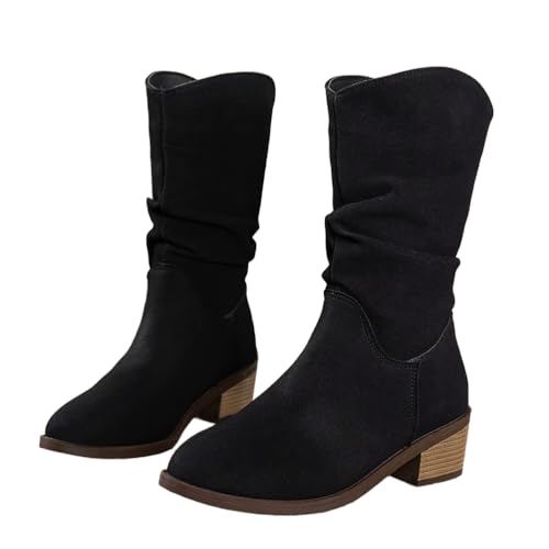 MlYJmer Damen Stiefeletten mit spitzem Absatz und Blockabsatz, Kniehohe Western-Cowboy-Stiefel,Schwarz,42 EU von MlYJmer