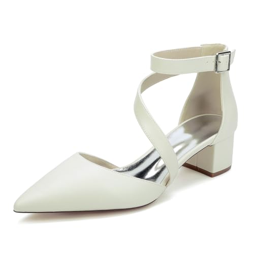 MlYJmer Frauen Block Spitze Zehe Chunky Heels Pumps Satin Brautschuhe Abend Party Kleid Schuhe,Creamy White,36 EU von MlYJmer