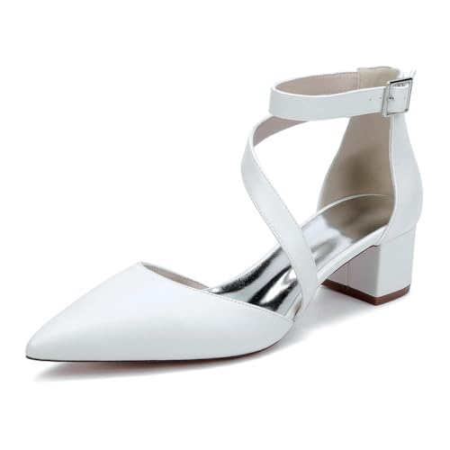 MlYJmer Frauen Block Spitze Zehe Chunky Heels Pumps Satin Brautschuhe Abend Party Kleid Schuhe,Weiß,39 EU von MlYJmer