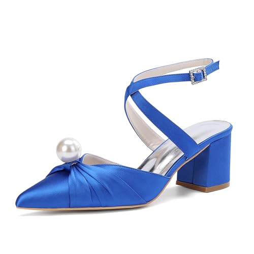 MlYJmer Frauen Spitze Zehe High Heel Court Schuhe Satin Hochzeit Party Brautschuhe,Blau,39 EU von MlYJmer