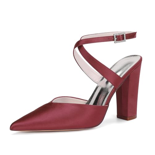 MlYJmer Frauen Spitze Zehe High Heel Court Schuhe Satin Hochzeit Party Brautschuhe,Burgundy,40 EU von MlYJmer