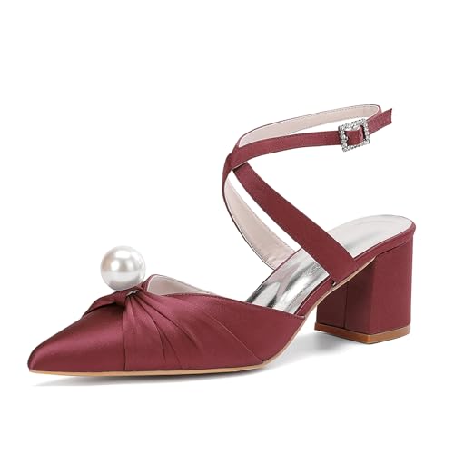 MlYJmer Frauen Spitze Zehe High Heel Court Schuhe Satin Hochzeit Party Brautschuhe,Burgundy,43 EU von MlYJmer
