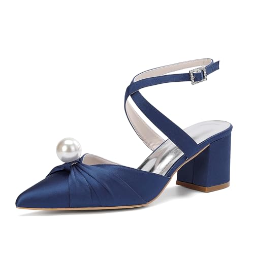 MlYJmer Frauen Spitze Zehe High Heel Court Schuhe Satin Hochzeit Party Brautschuhe,Dark Blue,38 EU von MlYJmer