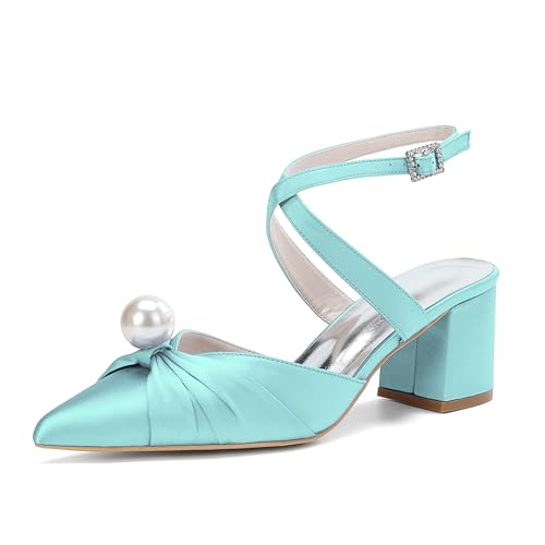 MlYJmer Frauen Spitze Zehe High Heel Court Schuhe Satin Hochzeit Party Brautschuhe,Light Blue,38 EU von MlYJmer