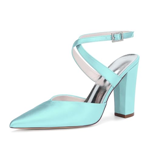 MlYJmer Frauen Spitze Zehe High Heel Court Schuhe Satin Hochzeit Party Brautschuhe,Light Blue,41 EU von MlYJmer