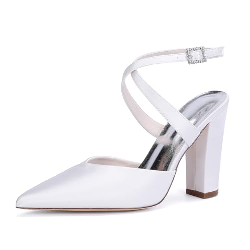 MlYJmer Frauen Spitze Zehe High Heel Court Schuhe Satin Hochzeit Party Brautschuhe,Weiß,39 EU von MlYJmer