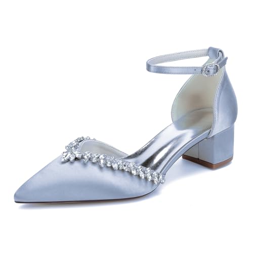 MlYJmer Frauen Spitze Zehe Niedrige Chunky Heels Hochzeitsschuhe Strass Satin Braut Abendkleid Schuhe,Silber,35 EU von MlYJmer