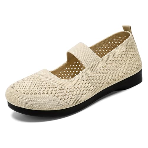 MlYJmer Gestrickte Damen Round Toe Flat Mesh Slip-On Bequeme Wanderschuhe,Beige,40 EU von MlYJmer