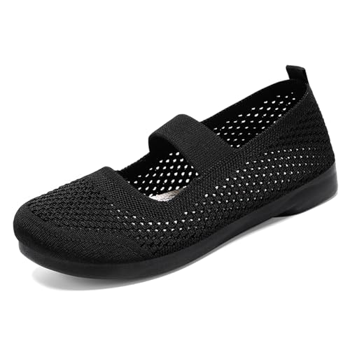 MlYJmer Gestrickte Damen Round Toe Flat Mesh Slip-On Bequeme Wanderschuhe,Schwarz,37 EU von MlYJmer