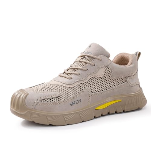MlYJmer Männer Atmungsaktive Sicherheitsschuhe Anti-Smash Anti-Pannenschutz Arbeitsschuhe Stahlkappe Turnschuhe,Beige,40 EU von MlYJmer