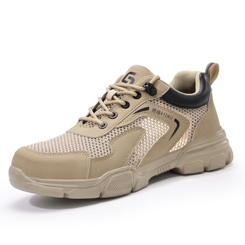 MlYJmer Sommer Atmungsaktive Sicherheitstrainer Männer Frauen Stahlkappe Schuhe Leichte Anti-Smash Anti-Pannenschutz Arbeitsschuhe,Beige,38.5 EU von MlYJmer