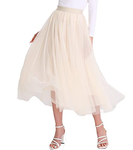 Damen Tüllröcke Midi Elastisch Hohe Taille Plissee Mesh Flowy A-Linie Party Lange Tutu Röcke, Apricot1, Groß von Mliyasan
