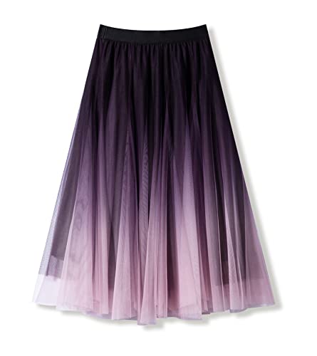 Damen Tüllröcke Midi Elastisch Hohe Taille Plissee Mesh Flowy A-Linie Party Lange Tutu Röcke, Farbverlauf lila, X-Groß von Mliyasan