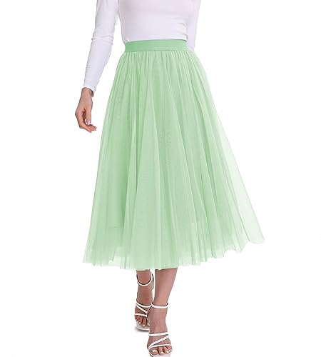 Damen Tüllröcke Midi Elastisch Hohe Taille Plissee Mesh Flowy A-Linie Party Lange Tutu Röcke, Mint Green1, Groß von Mliyasan