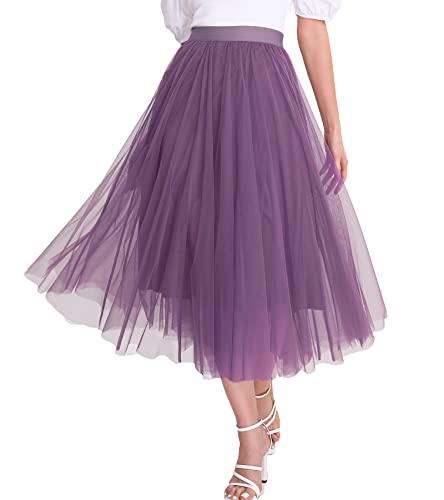 Damen Tüllröcke Midi Elastisch Hohe Taille Plissee Mesh Flowy A-Linie Party Lange Tutu Röcke, Violett (1), Groß von Mliyasan